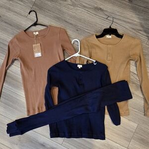 The Simple Folk Bundl Ribbed Long Sleeve Tops - Brown, Tan, and Blue And Pant